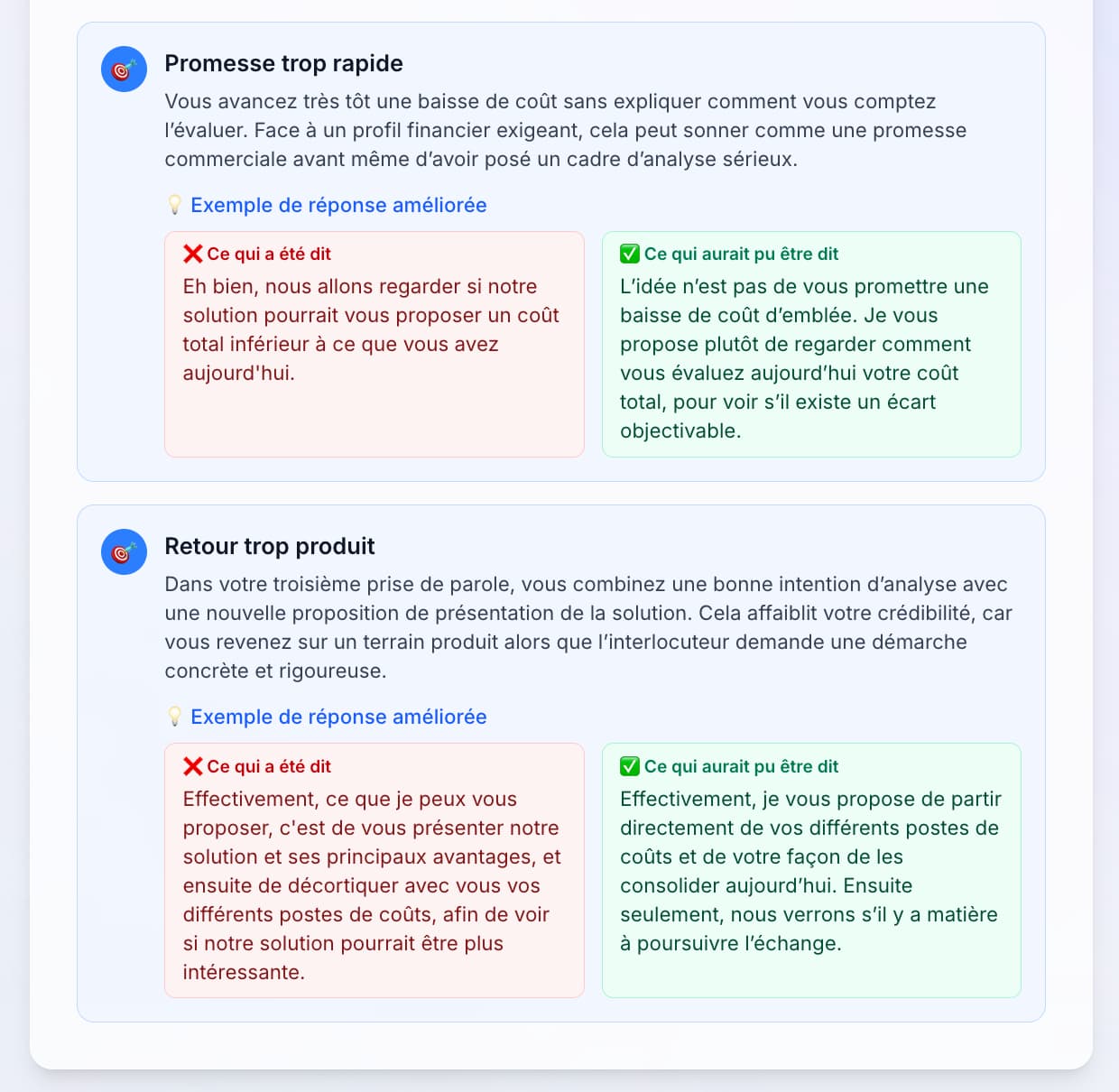 Axes d'amélioration avec exemples avant/après